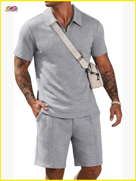 Other - Men's 2 Piece Short Set Casual Quarter Zip Polo and Shorts Summer Outfit